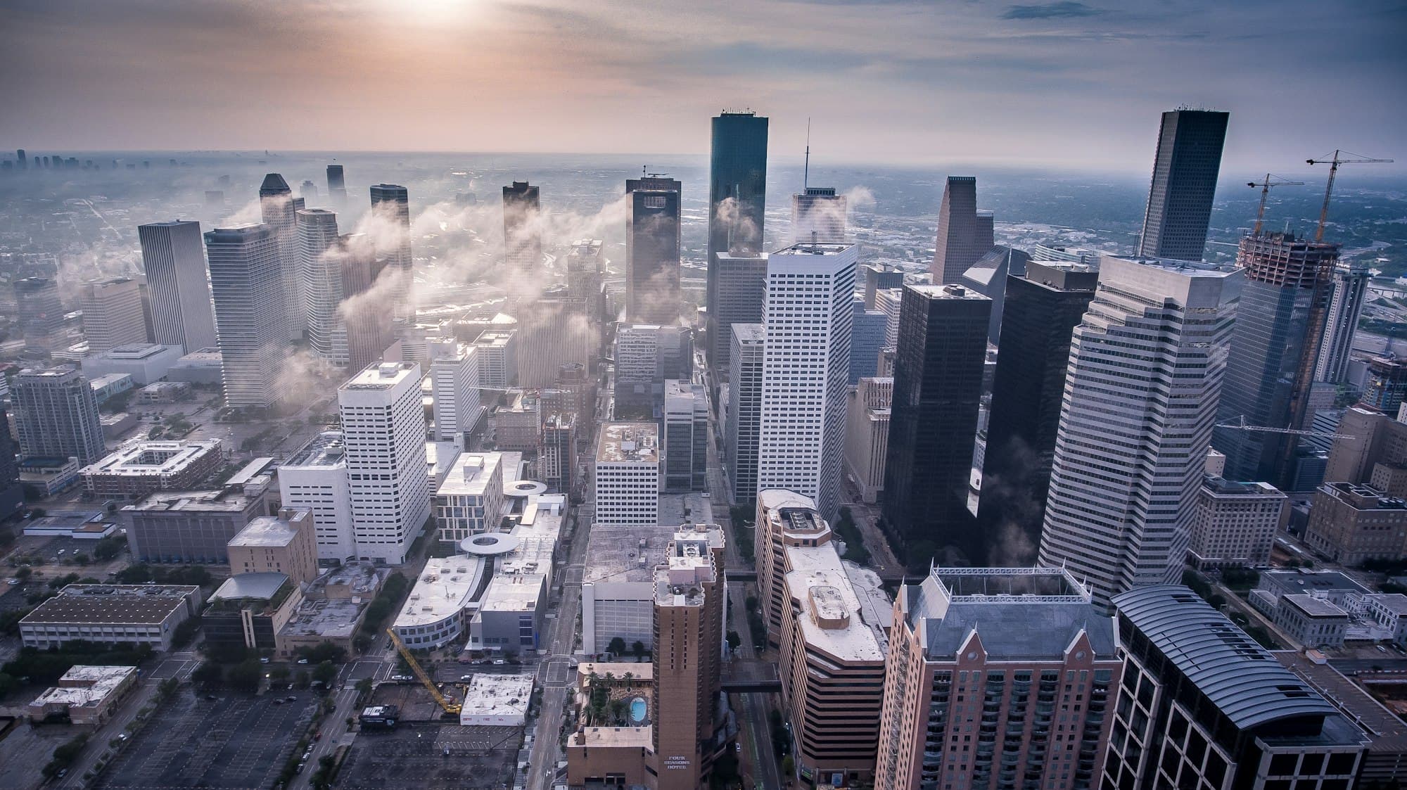 Aerial view of downtown Houston at dawn